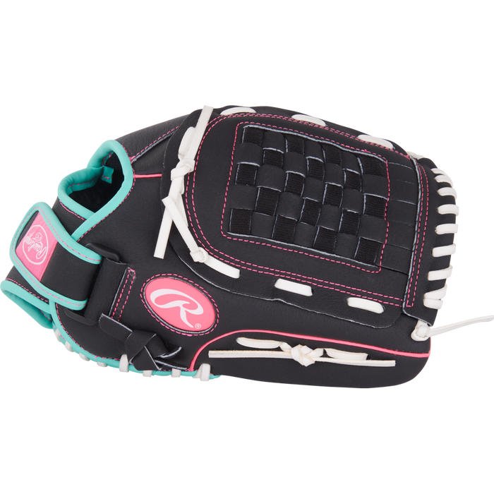 The Rawlings Sure Catch 12" Fastpitch Glove (SCSB12BMP) features a black design with white laces, pink stitching, teal accents, woven web, and the Rawlings logo on the wrist strap—perfect for youth softball players.