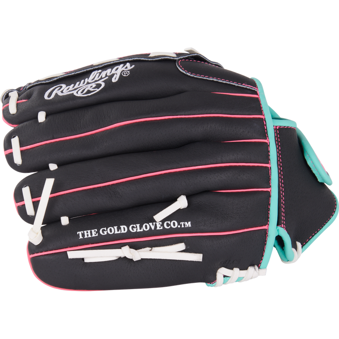 The Rawlings Sure Catch 12" Fastpitch Glove (SCSB12BMP) is a black youth glove with pink piping, white laces, teal accents, and “THE GOLD GLOVE CO.™” on the palm—ideal for young softball players.