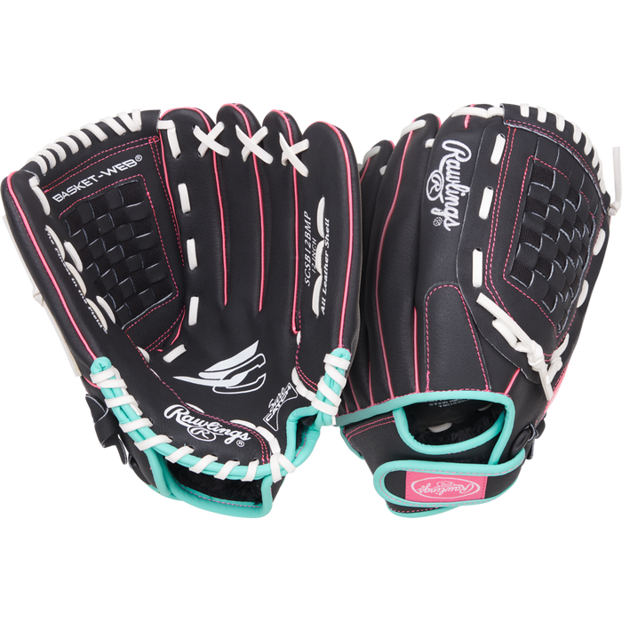 A Rawlings Sure Catch 12" Fastpitch Glove (SCSB12BMP) in black with pink stitching, white laces, and teal accents is shown open to display both the palm and back on a white background.
