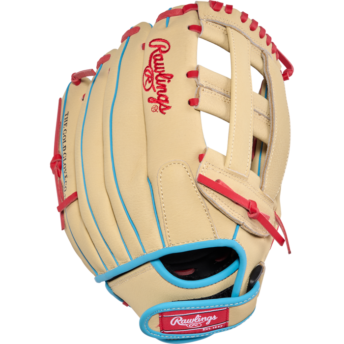 A tan Rawlings Sure Catch 12″ Roman Anthony Youth Baseball Glove (SC120RA) featuring red stitching, blue trim, and the Rawlings logo embroidered in red on the back. This youth baseball glove has an open web design and red laces, making it a great utility glove for young players.