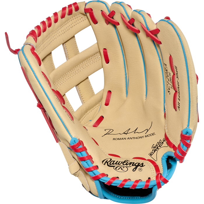 The Rawlings Sure Catch 12″ Roman Anthony Youth Baseball Glove (SC120RA) features a tan design with red and blue laces, black printed signatures, and “Roman Anthony Model” text. This 12-inch utility glove offers an H-web construction, visible Rawlings branding, and is perfect for young baseball players.