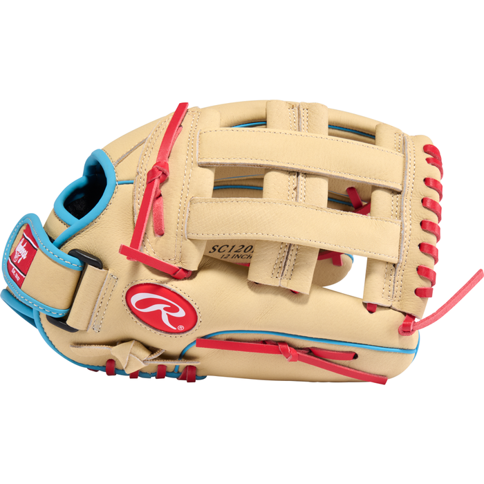 A tan Rawlings Sure Catch 12″ Roman Anthony Youth Baseball Glove (SC120RA) featuring red laces, blue trim, and an open web design is shown from the side with the Rawlings logo and tag visible—this versatile glove is ideal for youth baseball players who want dependable performance and standout style.