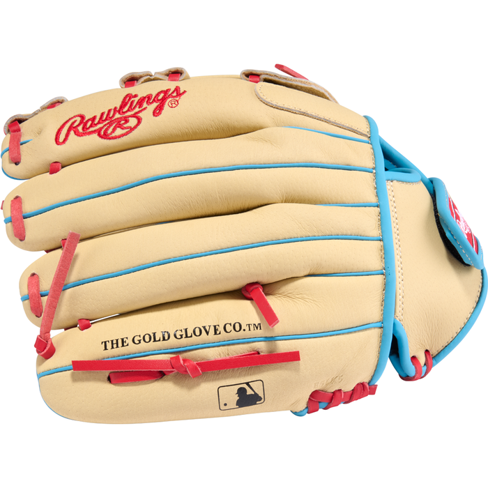 The Rawlings Sure Catch 12″ Roman Anthony Youth Baseball Glove (SC120RA) features a tan design with red stitching and blue trim. Showcasing “THE GOLD GLOVE CO.” and the MLB logo on the thumb area, this glove is perfect for young players looking for style and performance on the field.