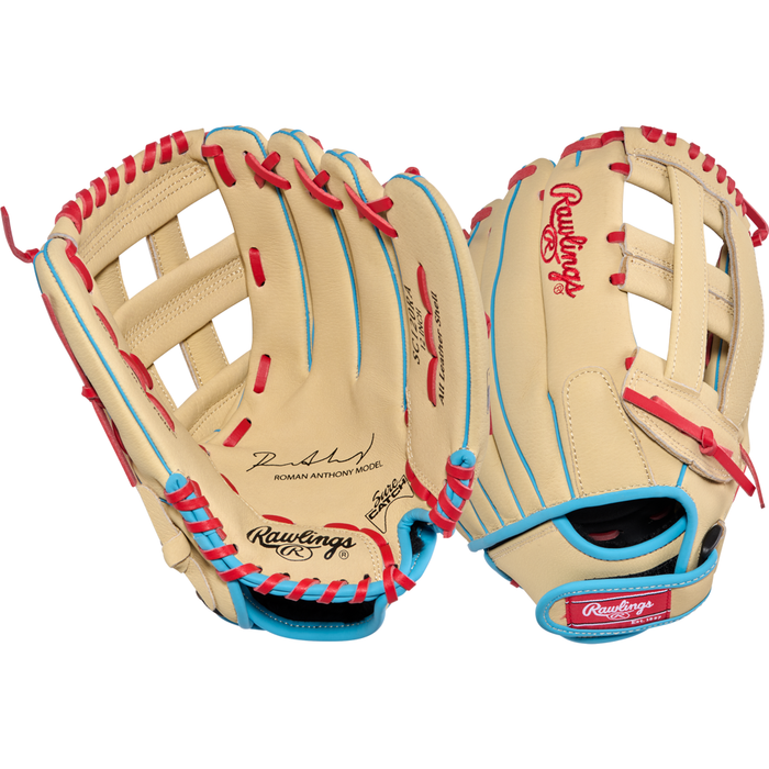 Two tan Rawlings Sure Catch 12″ Roman Anthony Youth Baseball Gloves (model SC120RA) with red lacing, blue accents, and prominent Rawlings branding are displayed from both the palm and back views against a white background. Ideal as a versatile 12-inch youth baseball glove.