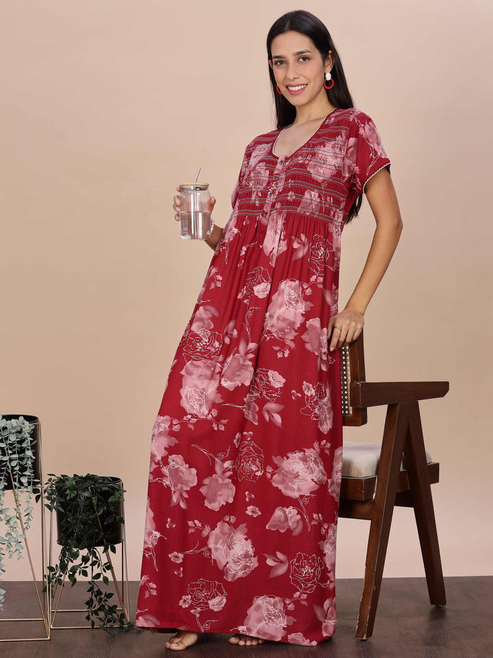 Red Rose Smocking Branded Night Dress For Women
