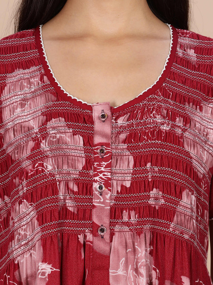 Red Rose Smocking Branded Night Dress For Women