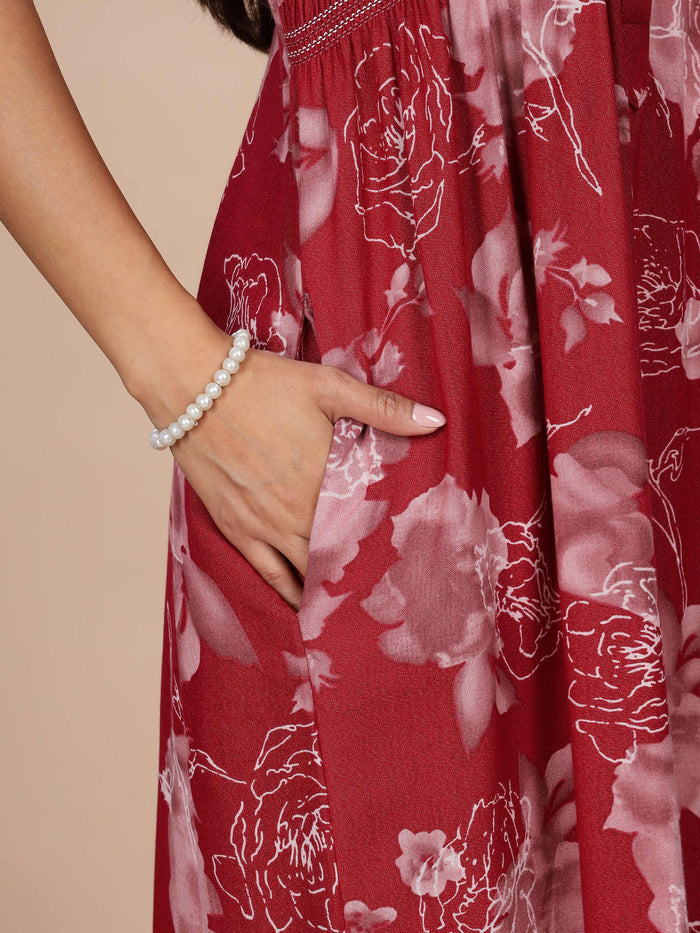 Red Rose Smocking Branded Night Dress For Women