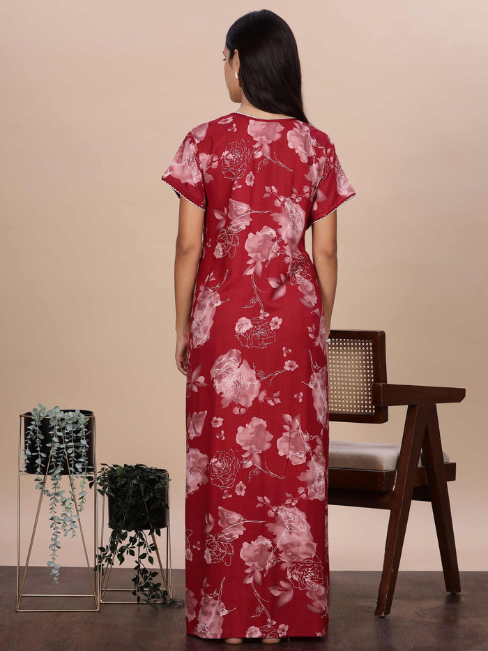 Red Rose Smocking Branded Night Dress For Women