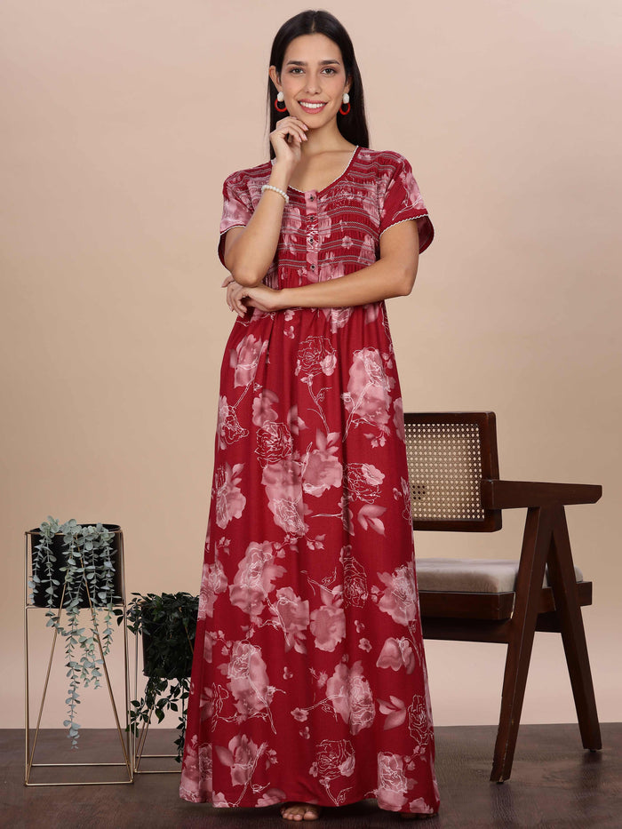 Red Rose Smocking Branded Night Dress For Women