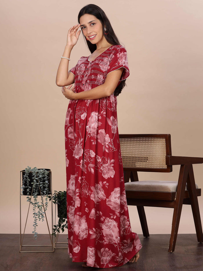 Red Rose Smocking Branded Night Dress For Women