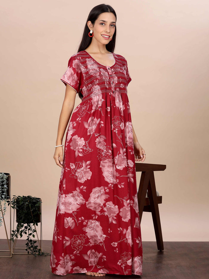 Red Rose Smocking Branded Night Dress For Women