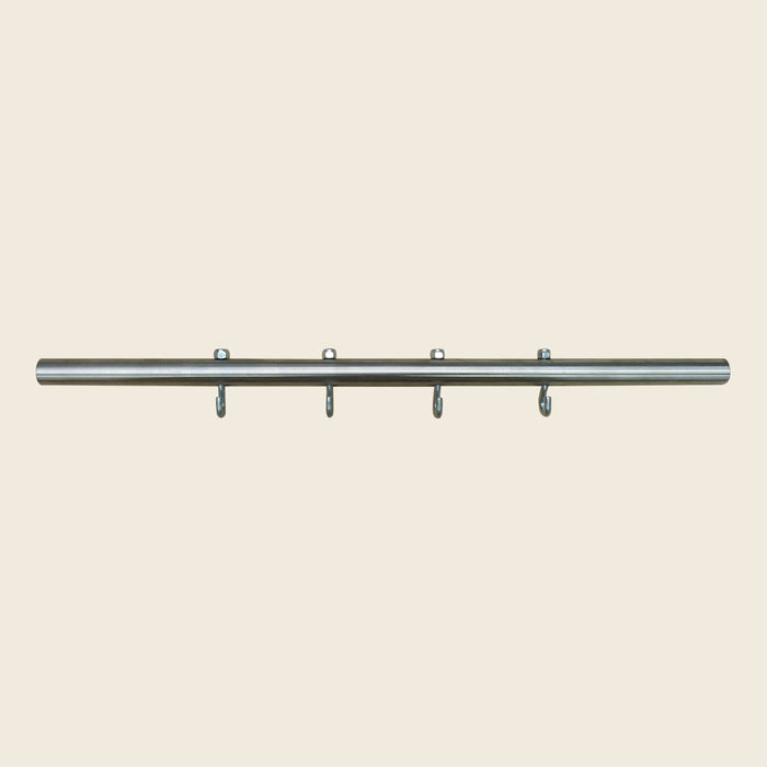 Stainless steel Pilates reformer spring bar with four hooks for spring attachment.