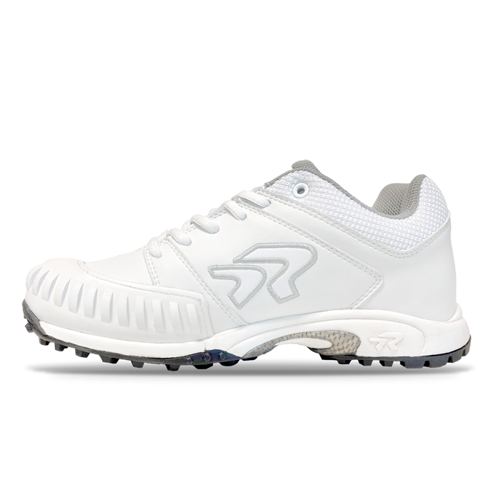 The Ringor Flite Turf PTT Women's Fastpitch Softball Shoes (4842S) feature a white upper, textured sole, gray mesh collar, silver accents, and a stylized logo—perfect for intense play—shown on a plain white background.