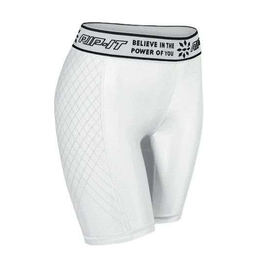 Rip It Women's Period-Protection Pro Softball Sliding Shorts feature diamond-pattern side stitching, a wide black waistband with "RIP-IT" and "BELIEVE IN THE POWER OF YOU," plus built-in period protection for confident play.