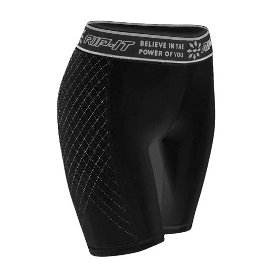 Rip It Women's Period-Protection Pro Softball Sliding Shorts (333000) feature white diamond-pattern stitching, a RIP-IT "BELIEVE IN THE POWER OF YOU" waistband, and are shown on a white background.