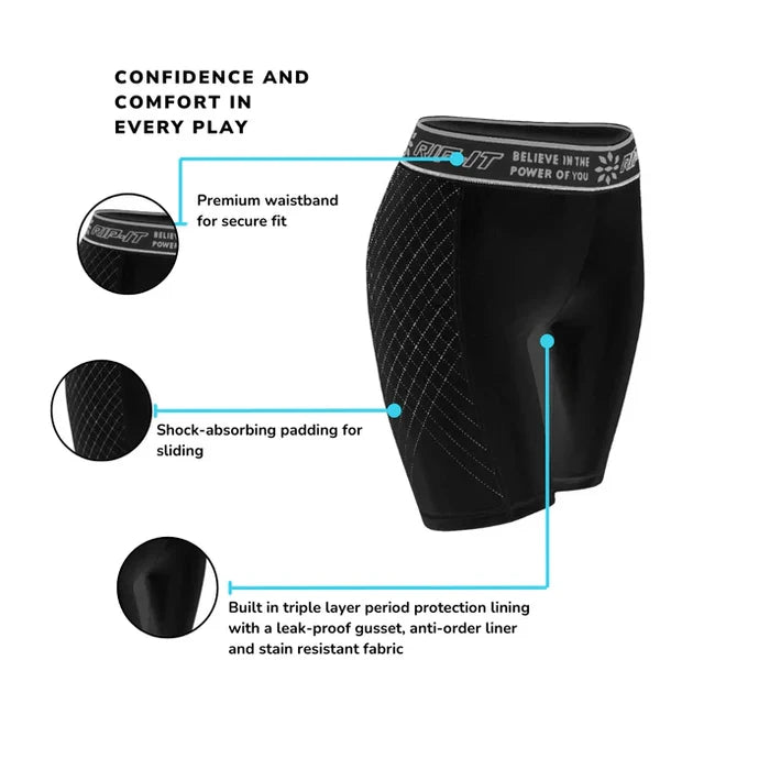 Rip It Women's Period-Protection Pro Softball Sliding Shorts 333000 feature a premium waistband, shock-absorbing padding, and triple-layer leak-proof, anti-odor lining for stain-resistant period protection—ideal moisture-wicking softball shorts.