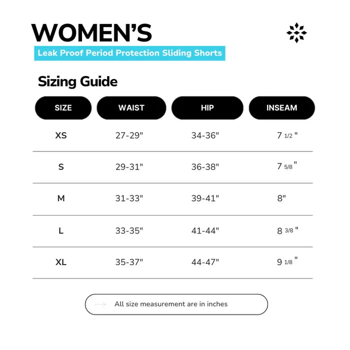Rip It Women's Period-Protection Pro Softball Sliding Shorts (333000) size chart: XS (waist 27-29"), S (29-31"), M (31-33"), L (33-35"), XL (35-37"). Leak-proof, moisture-wicking period protection for softball.