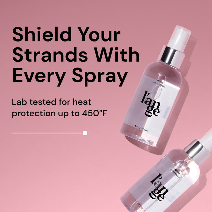 Informational image. Text reads "Shield Your Strands With Every Spray. Lab tested for heat protection up to 450 degrees Fahrenheit"