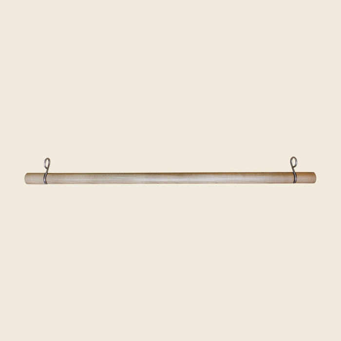 Gratz Pilates wooden roll down bar with metal S hooks at each end.
