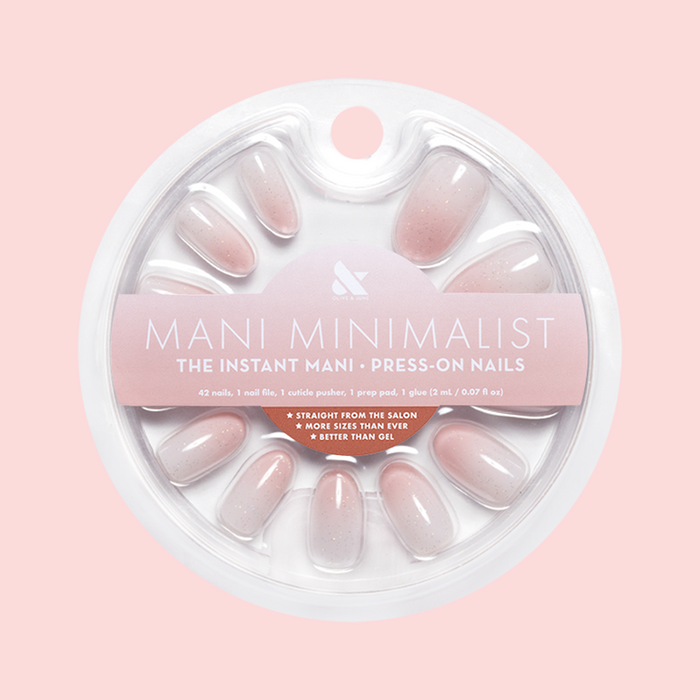 Rose Syrup Gradient - Press-On | Short | Round showing short round press-on nails with pink gradient manicure in circular packaging