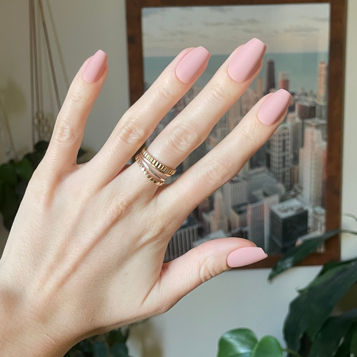 Rosewood Matte - Press-On | Medium | Coffin showing hand with soft rosy-brown matte medium coffin press-on manicure