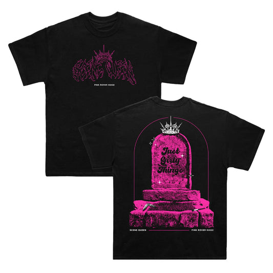 black tee shirt on white background.  front and back displayed. center front of tee has pink text that reads scene queen with white text below that says pink rover 2022. back of tee laid over front has full back print with pink tombstone that says just girly things and white ink of a crown on top of tombstone and bottom reads scene queen pink rover 2022