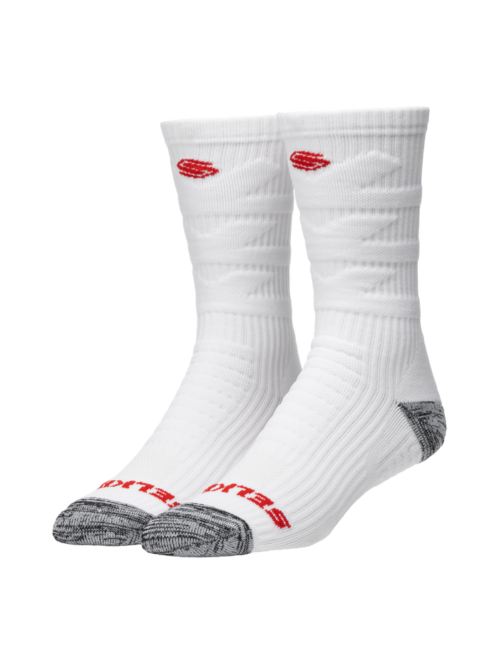 Three-quarter view of Selkirk Courtlock pickleball socks with ribbed cuff, grey reinforced toe and red logo