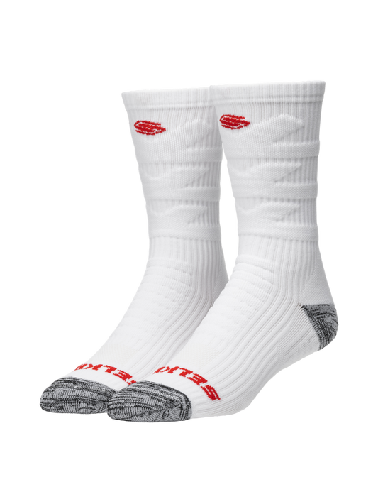 Three-quarter view of Selkirk Courtlock pickleball socks with ribbed cuff, grey reinforced toe and red logo