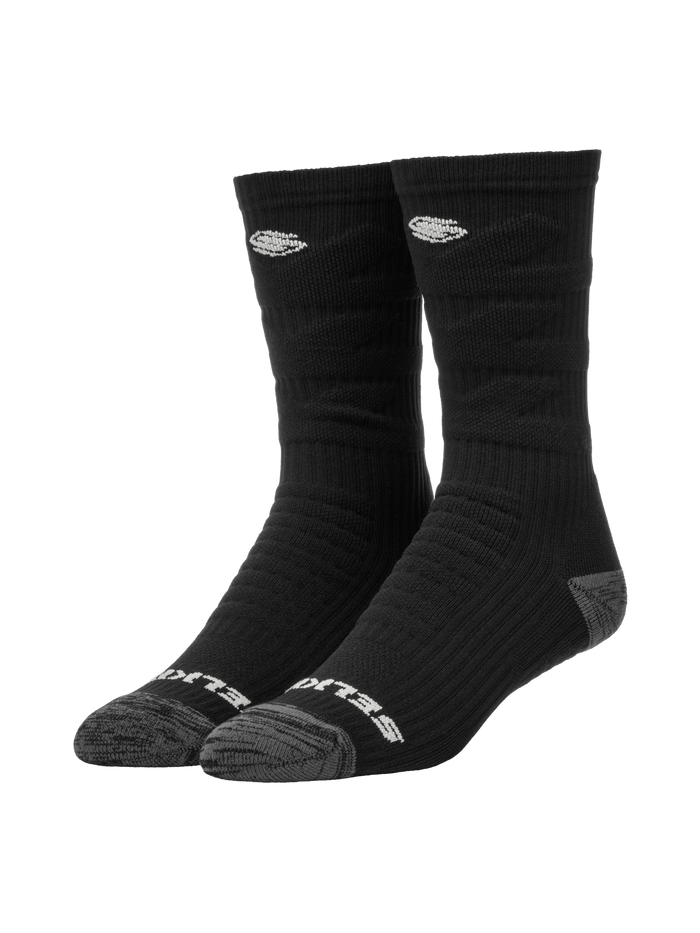 Front view of black crew Selkirk Courtlock pickleball socks with ribbed cushioning, gray toe and heel, and white logo