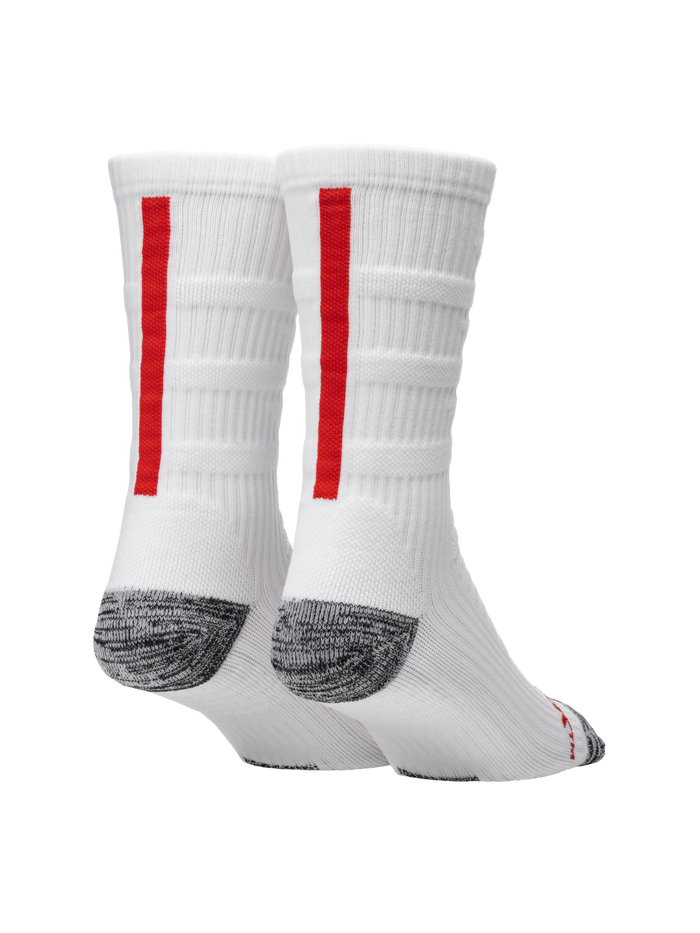 Rear view of Selkirk Courtlock crew pickleball socks with red back stripe and gray reinforced heel on white background