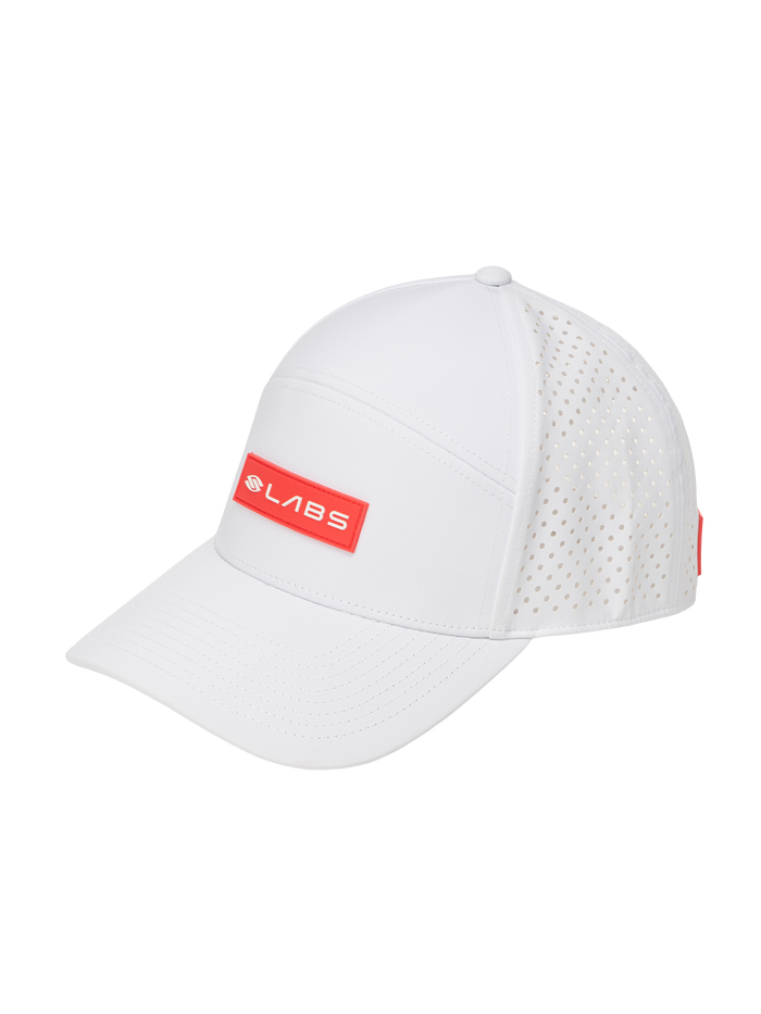 White perforated mesh-back baseball cap with red rectangular badge reading SLABS on front