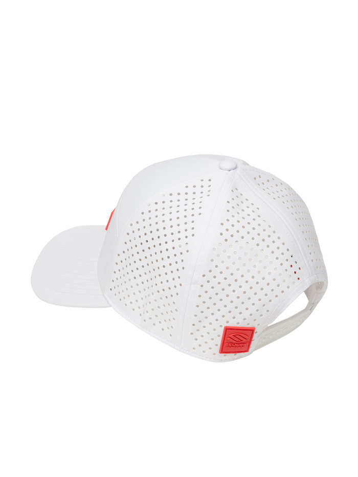 White perforated baseball cap, rear three-quarter view, adjustable snapback with red square logo patch