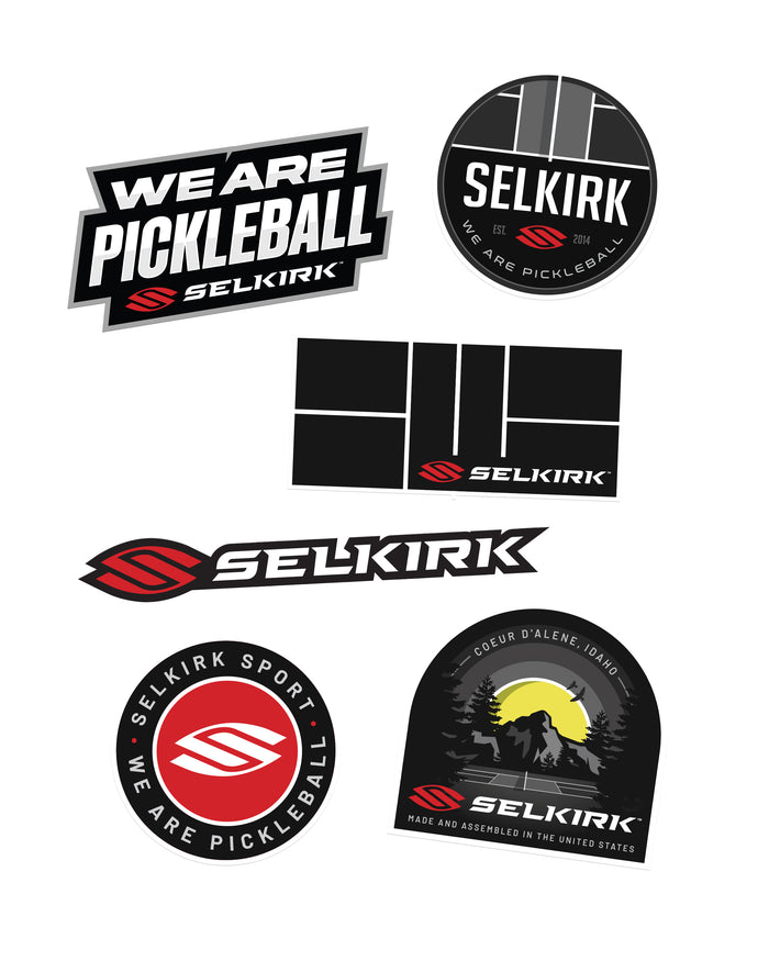 Front view of Selkirk Sport Two-Tone Stickers showcasing six unique Selkirk-branded pickleball stickers on a white background