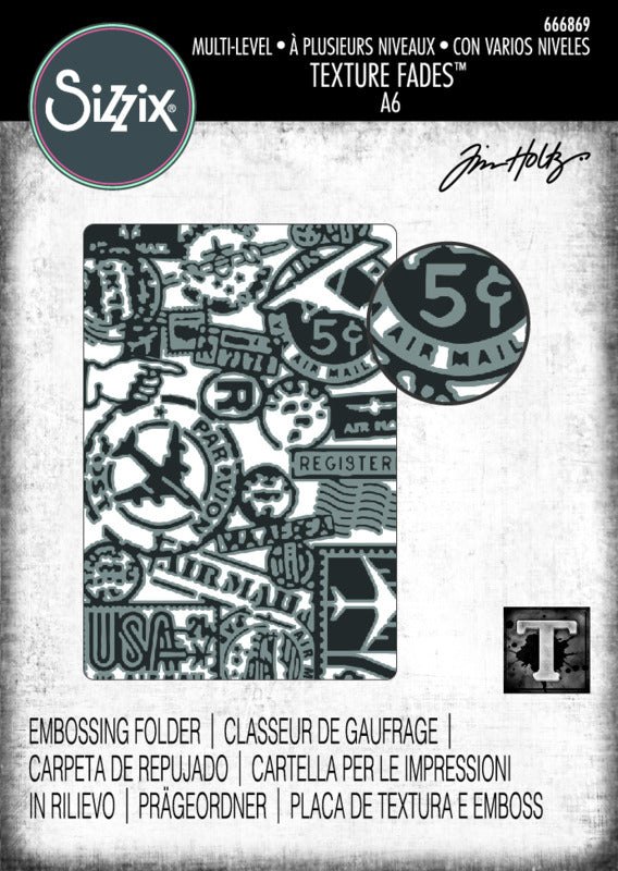 Sizzix - Tim Holtz - Multi Level Textured Impressions Embossing Folder - Vault Airmail. Available at Embellish Away located in Bowmanville Ontario Canada.