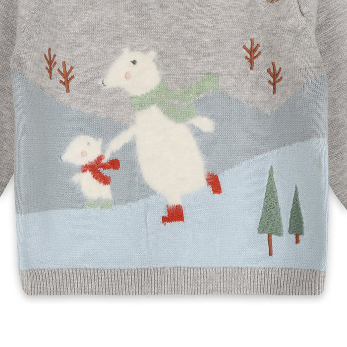 Skating Polar Bear Jacquard Knit Baby Raglan Pullover, Organic Cotton