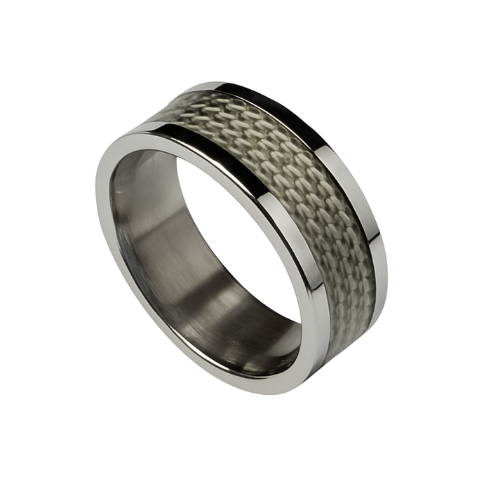 Sleek Silver Braided Stainless Steel Ring with Carbon Fiber Inlay