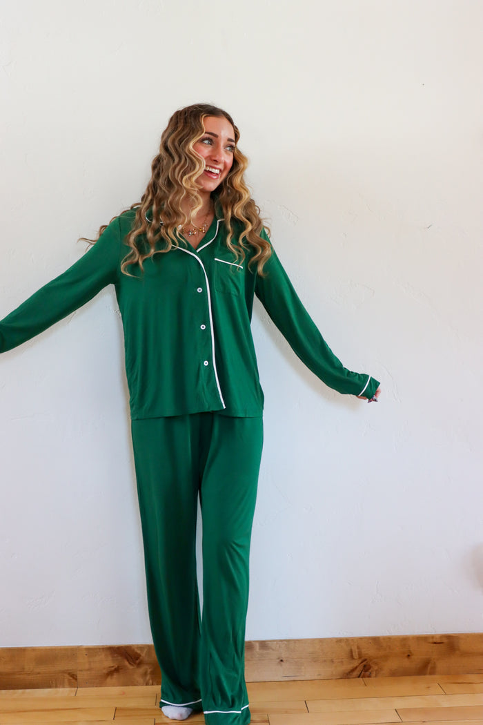 girl wearing green pajama set