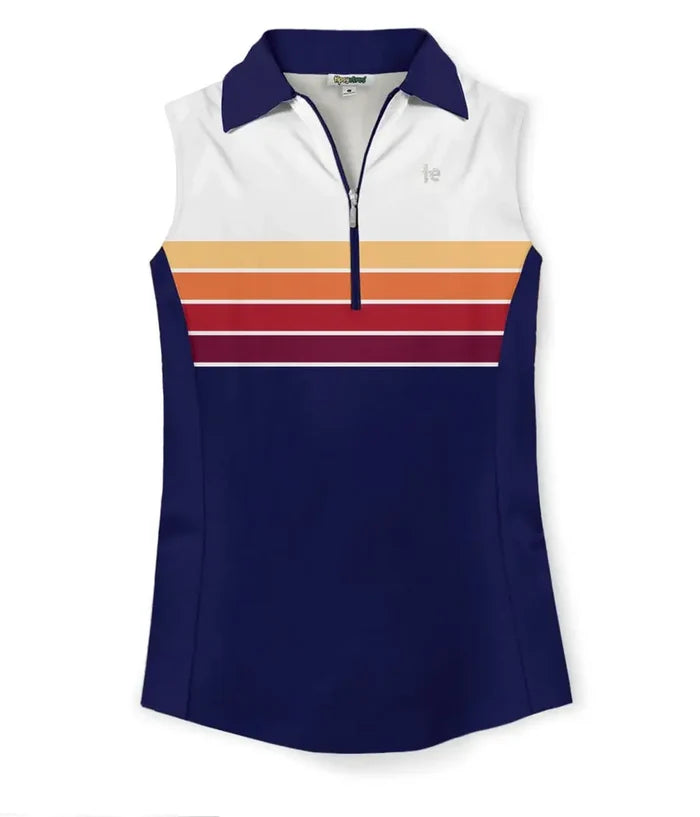 Women's Sunset Golf Polo by Tipsy Elves, sleeveless tennis shirt with vibrant sunset design, perfect for golf or tennis.