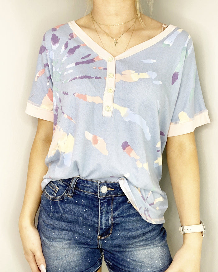 SM ONLY Blue V-Neck Top with Buttons