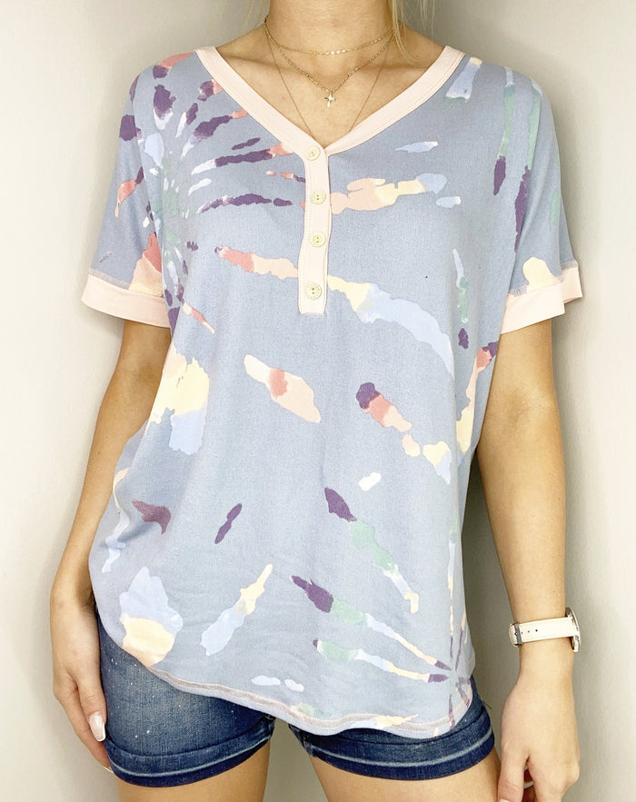 SM ONLY Blue V-Neck Top with Buttons
