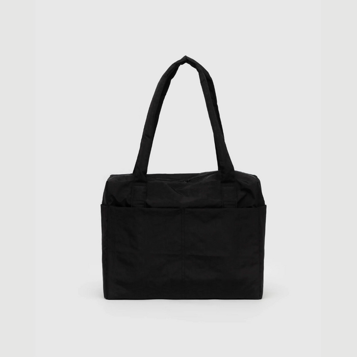 Black carry-on tote bag with top handles and zippered front pocket