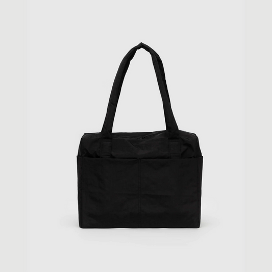 Black carry-on tote bag with top handles and zippered front pocket