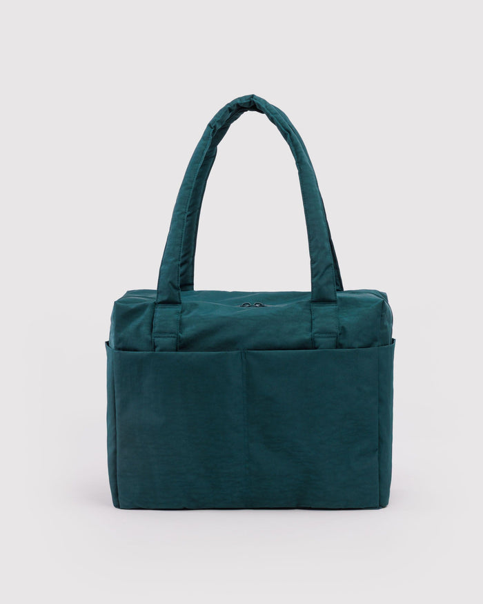 Teal carry-on tote bag with top handles and a flat front panel