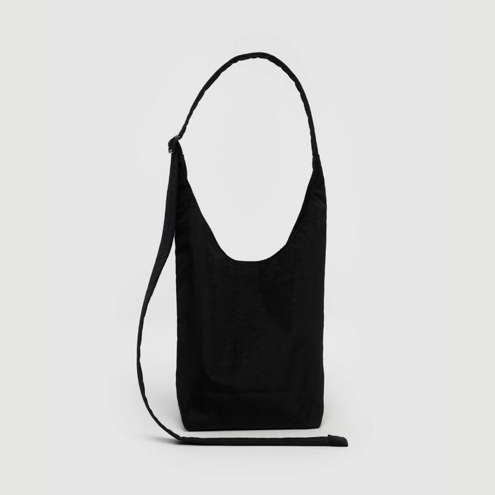 Small nylon sling bag, black with top opening and adjustable shoulder strap