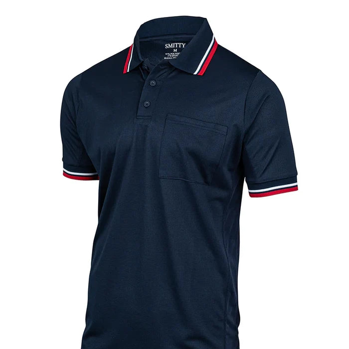 The Smitty Pro Flex Umpire Polo Shirt (BB-S307) by Smitty features a navy color, short sleeves, left chest pocket, red/white/navy striped collar and cuffs, and stretch fabric for a comfortable fit.