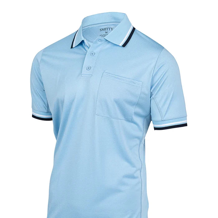 The Smitty Pro Flex Umpire Polo Shirt (BB-S307) by Smitty features a powder blue color, short sleeves, collar with three buttons, chest pocket, black and white striped cuffs and collar, plus stretch fabric for comfort and a professional fit.