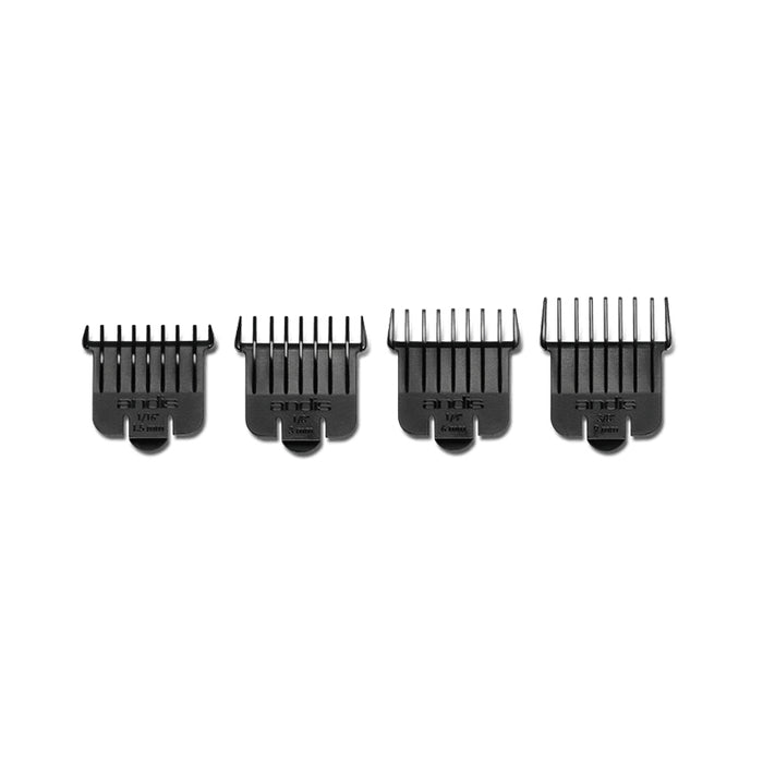 Andis snap-on blade attachment combs set four black clipper guards lined up in graduated sizes for trimming