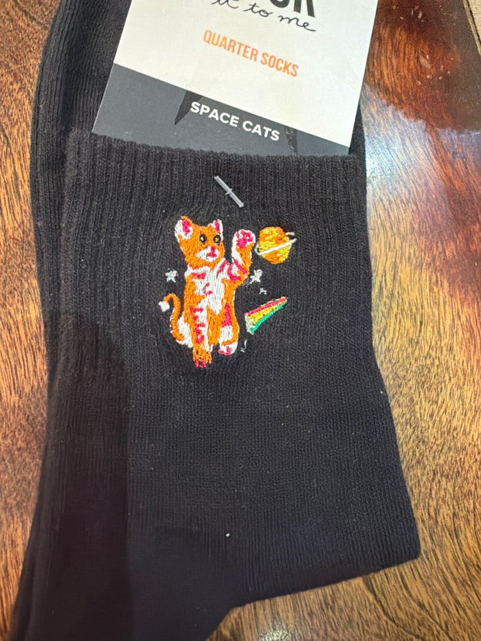 Colorful Space Cats Socks by Sock It To Me featuring fun cat and rocket ship patterns on soft, comfortable fabric.