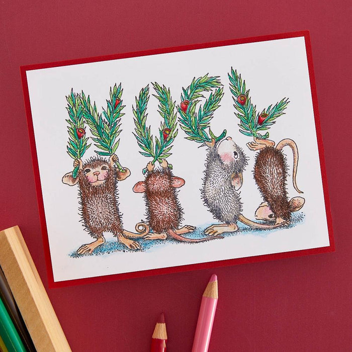 Spellbinders - House Mouse - Cling Rubber Stamp - Noel. Noel Cling Rubber Stamp Set is part of the from House-Mouse Designs Holiday Collection with a set of two stamps. This line up of playful mice spells out a leafy NOEL accented with holiday berries. Available at Embellish Away located in Bowmanville Ontario Canada. Example by brand ambassador.