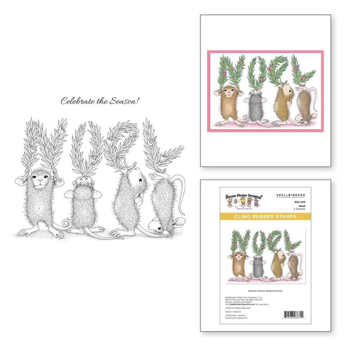 Spellbinders - House Mouse - Cling Rubber Stamp - Noel. Noel Cling Rubber Stamp Set is part of the from House-Mouse Designs Holiday Collection with a set of two stamps. This line up of playful mice spells out a leafy NOEL accented with holiday berries. Available at Embellish Away located in Bowmanville Ontario Canada.